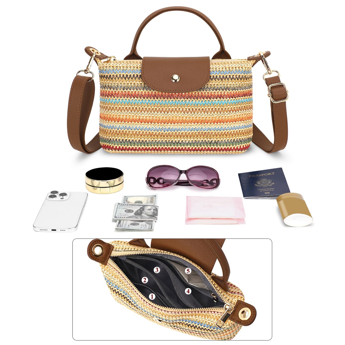 BBORGDC Straw Crossbody Bag for Women, Small Woven Mini Tote Purse, Colorful Striped Summer Beach Shoulder Handbag with Top Handle, RFID, Lightweight Travel Daily Bag