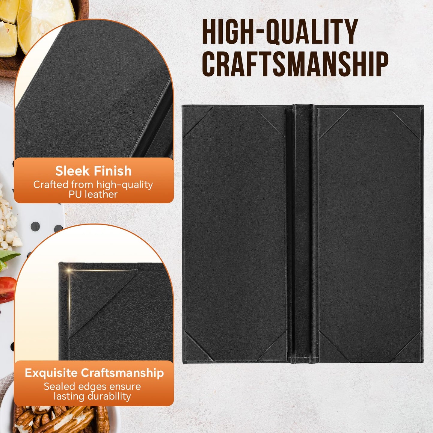 MYFULLY Restaurant Menu Holders 4.25" x 11", 6 Pack Black PU Leather Single Panel Menu Covers with Angled Corners for Restaurant, Bar, Coffee Shop, Wine List (6 View)