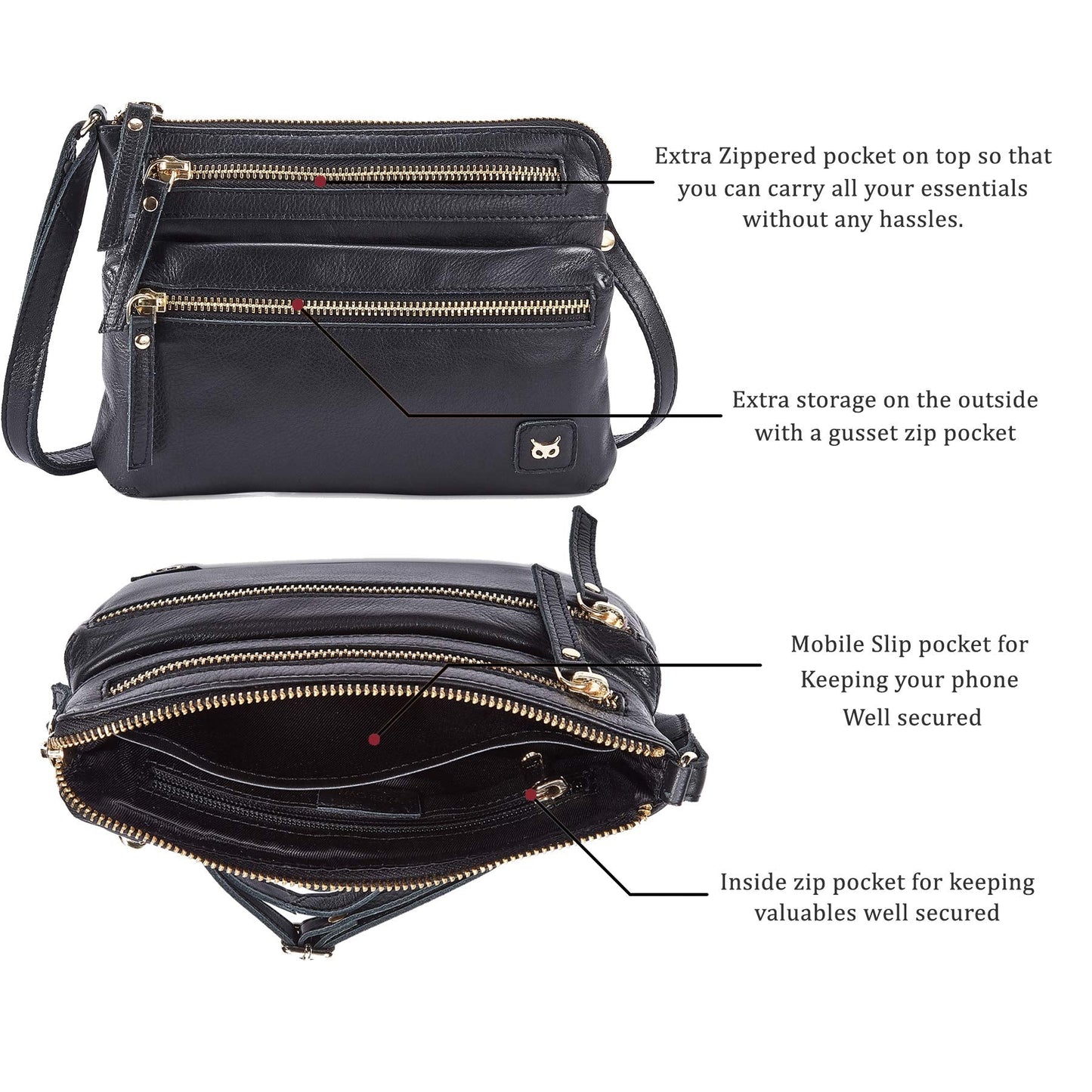 Small Crossbody Bags for Women Leather Sling Purse with Adjustable Strap Multi Pocket Cross Over for Travel & Gift (Black Nappa)
