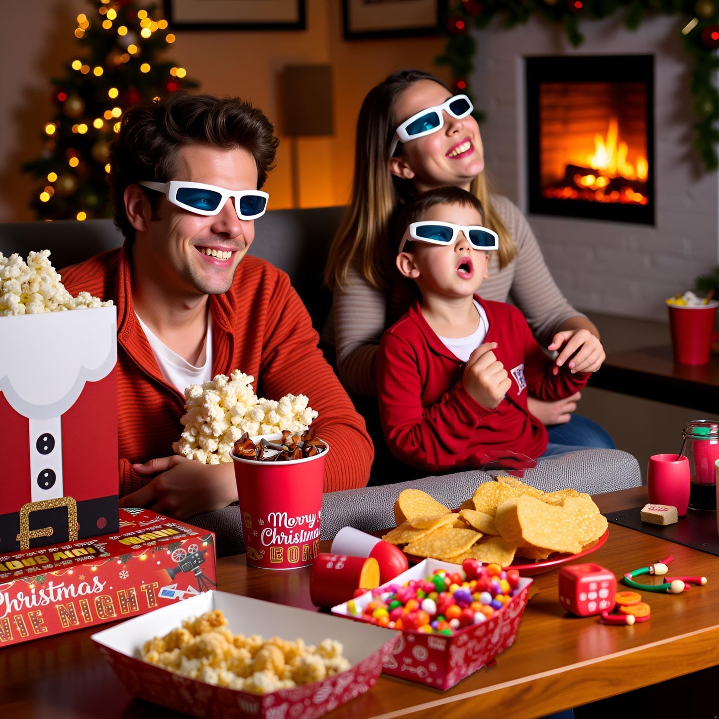 Rzoklot 48PCS Christmas Movie Night Party Supplies – 24 Snack Boxes, 12 Food Trays, 12 Popcorn Bags – Festive Disposable Snack Holders for Holiday Parties, Family Gatherings & Home Theater