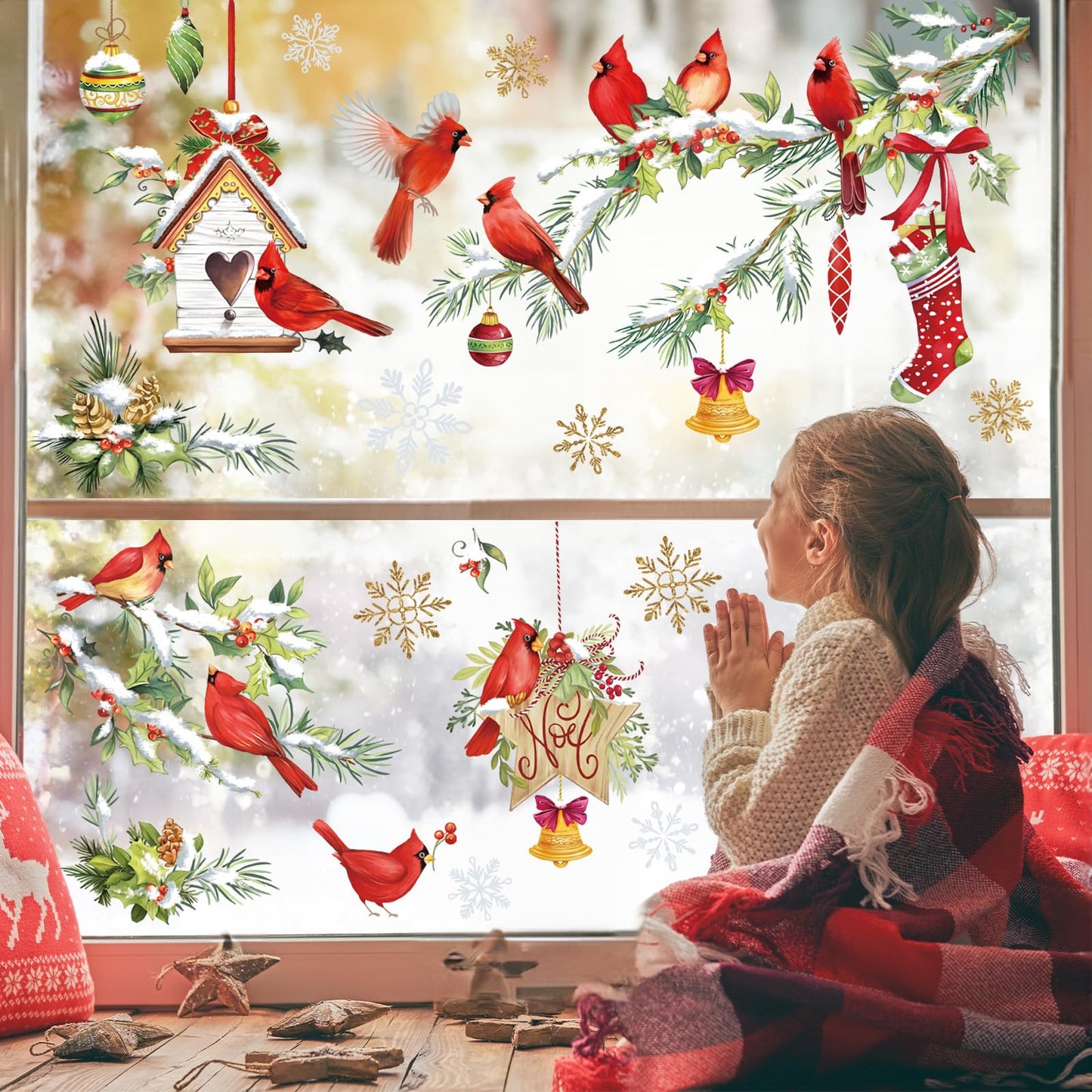 wondever Red Birds Tree Branch Window Clings Cardinal Glass Sticker Decal Anti Collision Double-Side Static Window Decals for Home Glass