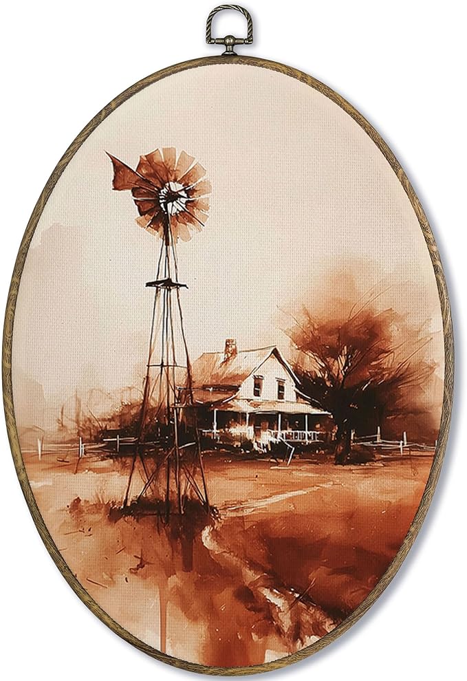 Fewgb Vintage Farmhouse Windmill Barn Oval Wall Art Decor Framed, Rustic Fall Country Canvas Wall Art Prints Picture, Cottagecore Hanging Room Decor Artwork for Kitchen Bedroom Bathroom Gallery 9x12