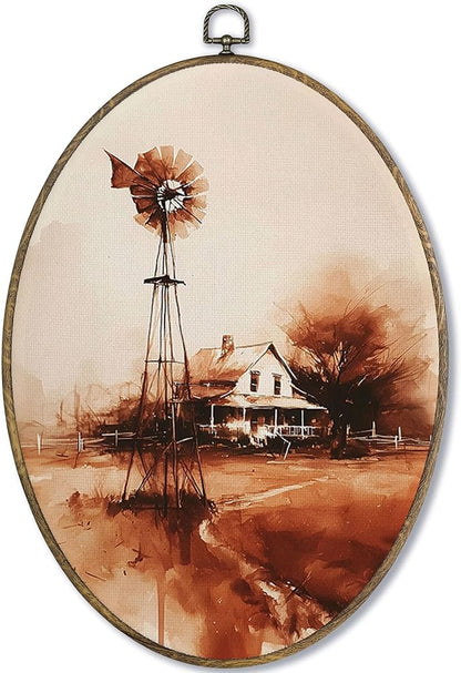 Fewgb Vintage Farmhouse Windmill Barn Oval Wall Art Decor Framed, Rustic Fall Country Canvas Wall Art Prints Picture, Cottagecore Hanging Room Decor Artwork for Kitchen Bedroom Bathroom Gallery 9x12