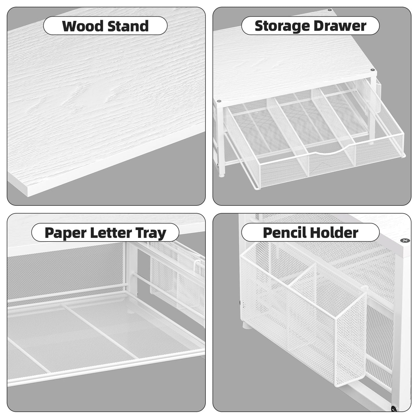 Marbrasse Wood Printer Stand for Desk, 2-Tier Desktop Printer Table for Home Office, Printer Stand with Storage Drawer 2 Pen Holders, Multi-Purpose Desk Organizer for Fax Machine Scanner(Wood White)