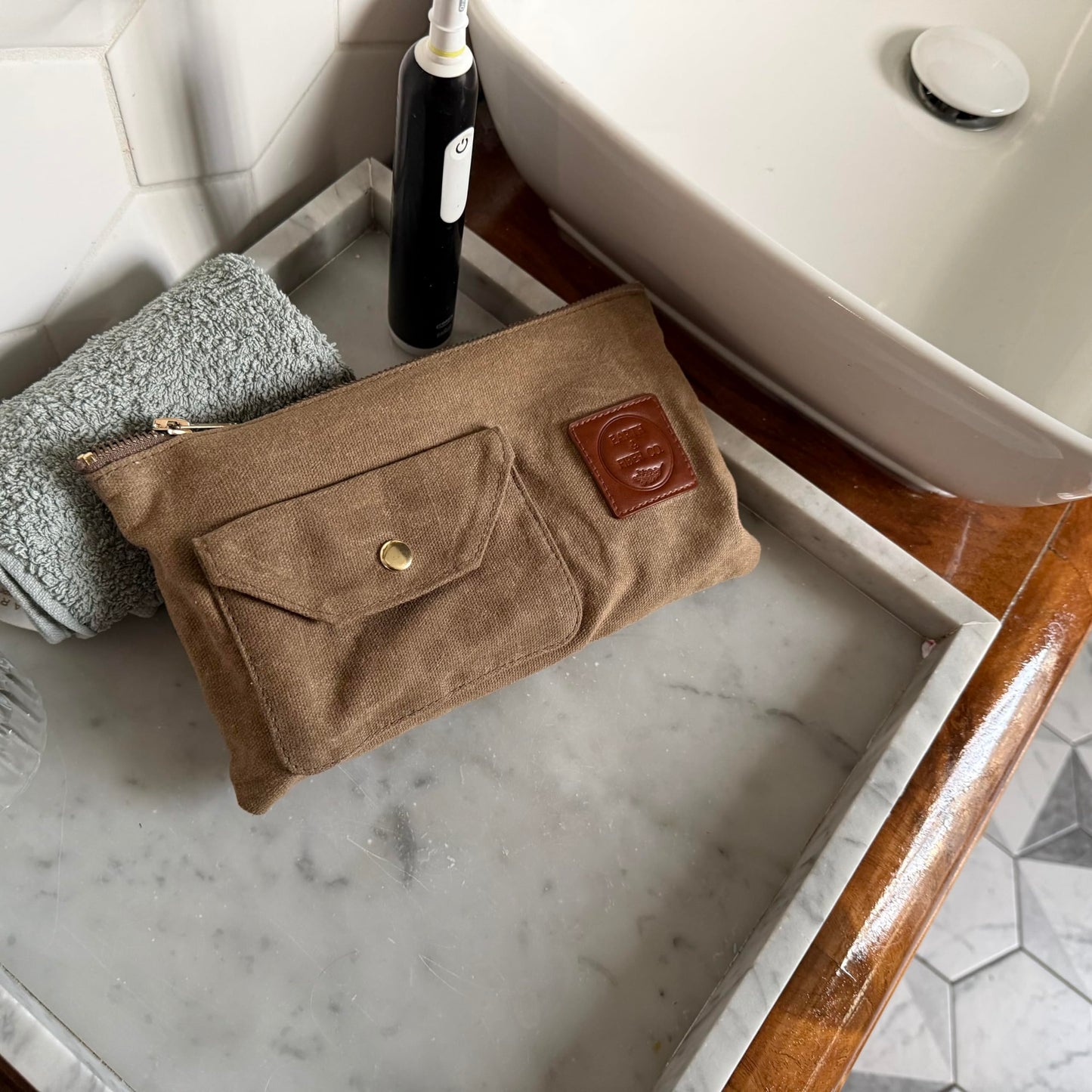 Earth & Fiber Co. Waxed Canvas Toiletry Bag, Compact Slim Design for Traveling, Brown