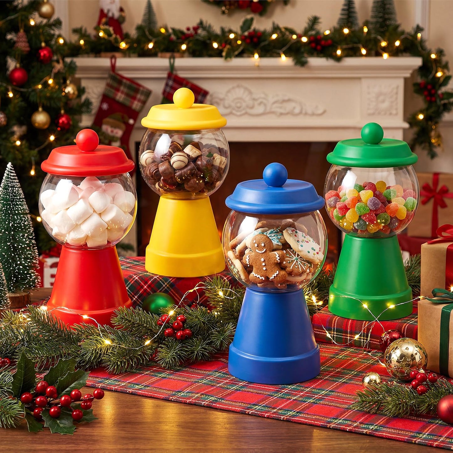 Thyle 4 Pcs Terra Cotta Candy Jar with Lid 8.7x4.3 Ceramic Cookie Jar Red Blue Green Yellow Fishbowl Food Storage for Birthday Cartoon Game Night Christmas Party Table Centerpiece DIY Gift(Rainbow)