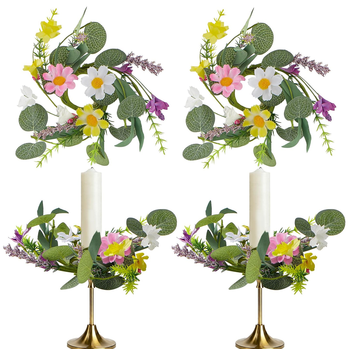 4 PCS Mini Floral Candle Rings Wreath 1.38" Artificial Wildflowers Flower Candle Holder Ring Spring Summer Table Centerpieces Candle Decorations Ring Candle Wreath for Home Church Wedding Party Decor