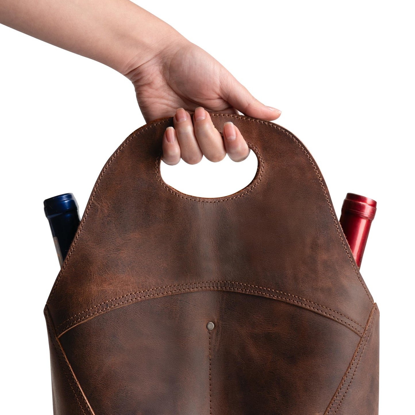Hide & Drink, Double Wine Bottle Carrier, Holder Case for Bordeaux Bottle, Tote Bag, Travel Purse, Picnic, Full Grain Leather, Handmade, Bourbon Brown