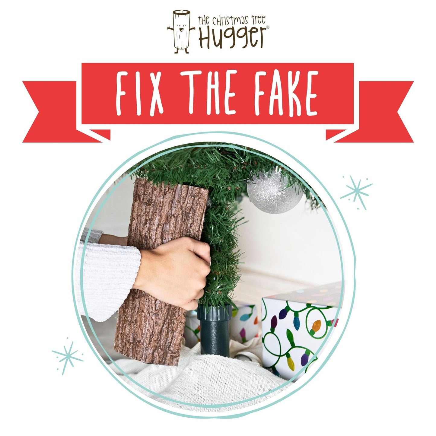 Realistic Faux Brown Bark Xmas Tree Skirt Hides Fake Pole, By Christmas Tree Hugger