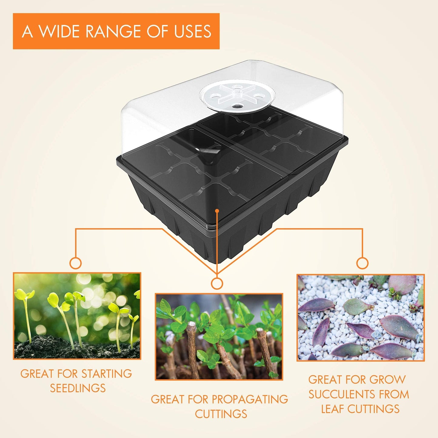 Gardzen 10 Pack Seed Starting Tray, Plant Germination Trays, Seed Starter Kit with Adjustable Humidity Vented Dome, Plant Growing Kit 6.6" x 4.5", Total 120-Cell, Black