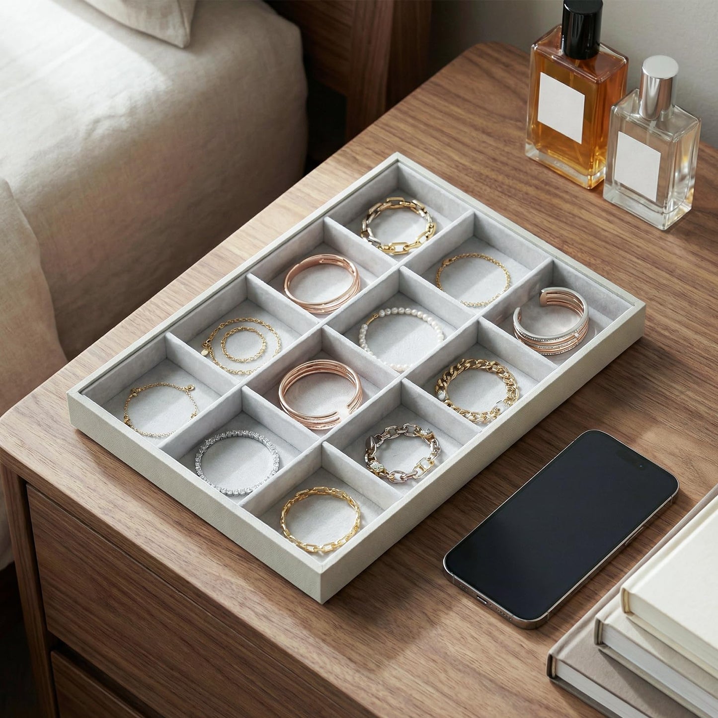 Gghenda 2-Piece Gray leather Stackable Jewelry Organizer Tray Set, Bracelet Ring Earring Holder Box, Necklace Display Stand for Storage and Retail Display (Necklace)