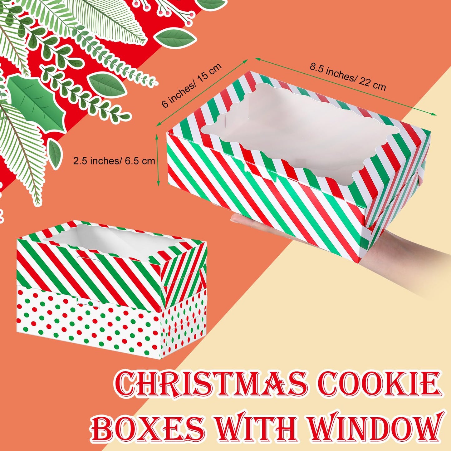 Gersoniel 24 Pcs Christmas Cookie Boxes with Window 8.6 x 6 x 2.5 Inch Bakery Xmas Treat Boxes for Gift Giving Red and Green Cupcake Candy Containers for Christmas Party Supplies (Stripe and Dot)