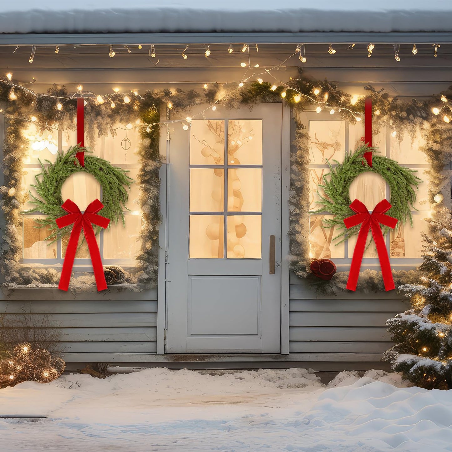 Janinka 6 Pcs Christmas Wreath for Windows 11.8 Inch Christmas Window Decorations Cabinet Wreaths with Red Bow Greenery Artificial Hanging Garlands for Fireplaces Window Home (Norfolk)