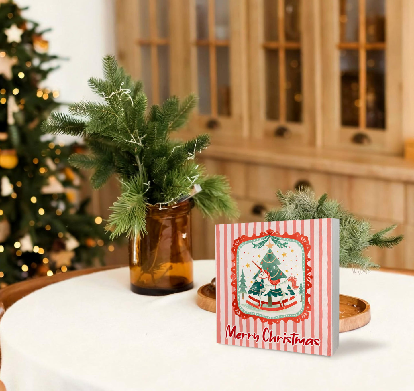 KEUSPI Rustic Pink Merry Christmas Wooden Box Sign, Preppy Christmas Desk Decor, Xmas Tree Mythical Horse Holiday Wood Box Block Sign for Home Office Desk Tabletop Shelf Decoration 5x5 Inch
