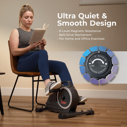 Sunny Health & Fitness Magnetic Compact Under-Desk Mini Exercise Bike, Indoor Full Body Cardio Training Machine w/Resistance Bands, Pedal Exerciser w/Free SunnyFit App Connectivity – SF-B020026SMART