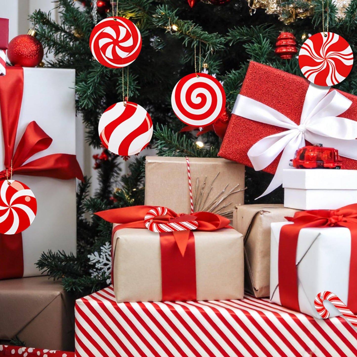 Ouddy Decor 60 Pcs Candy Cane Christmas Tree Ornaments, Red and White Peppermint Lollipop Christmas Decorations Candy Cane Hanging Ornaments for Xmas Tree New Year Party Supplies Holiday Home Decor