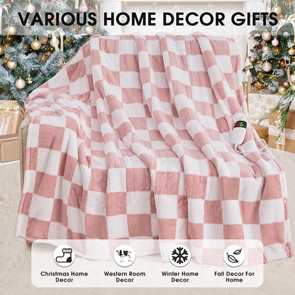 Light Pink Heated Blanket Electric Twin Size, 62X84 Heating Blanket with 10 Heat Levels & 8 Hours Auto Off, Checkered Plaid Soft Fleece Sherpa Blankets Warmer Gifts for Couch Grandma Women Adults