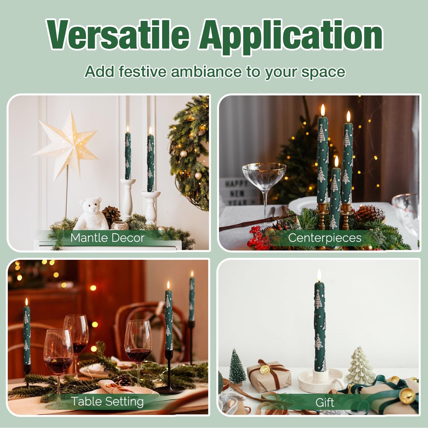 Eywamage Green Christmas Tree Flameless Taper Candles with Remote, Flickering LED Wax Candlesticks Set of 4