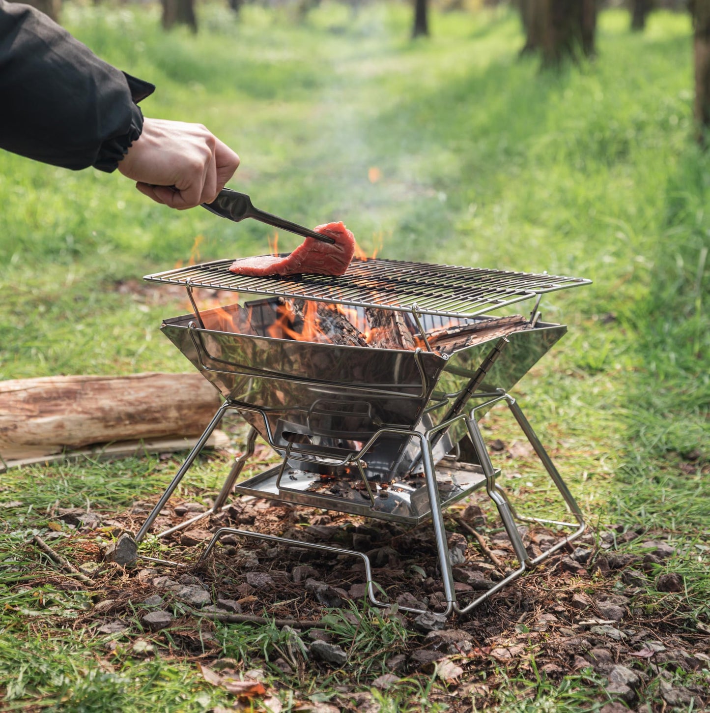 CAMPINGMOON Stainless Steel Foldable Camping Grills Portable Wood Burning Charcoal Grill 14-inch with Carrying Bag MT-2
