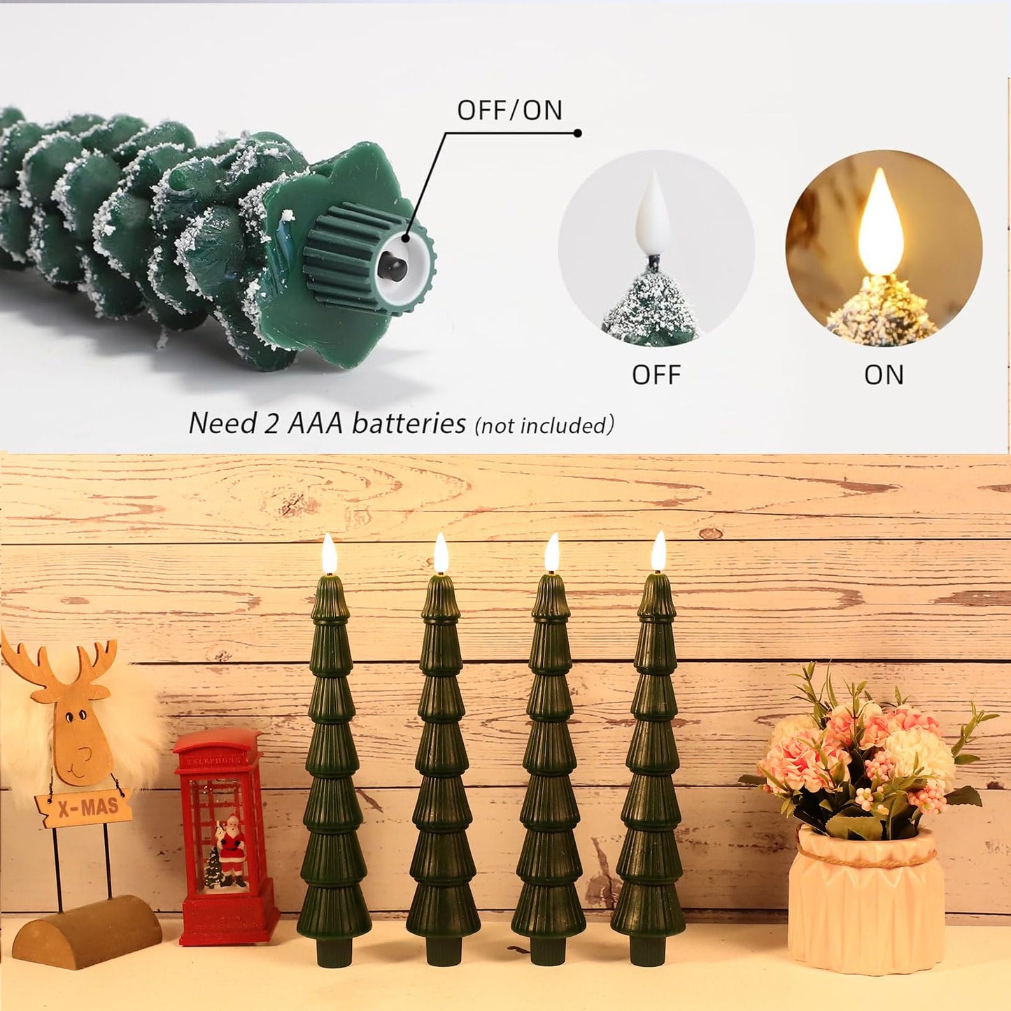 LiuSuper 4 Pack Christmas Tree LED Candles with Remote, Real Wax Flameless Taper Candles with 3D Flickering Flame, Lights Xmas Candlesticks for Christmas Home Party Decor (4 Pack Tower-Shaped)
