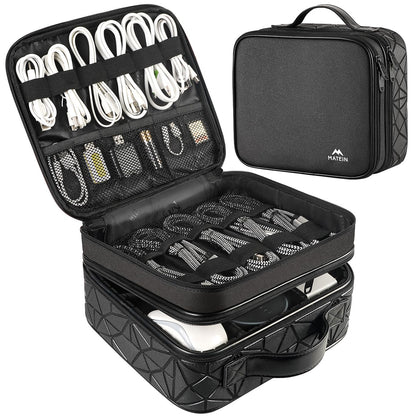 MATEIN Cable Organizer Bag, Waterproof Travel Electronic Storage with Adjustable Divider, Shockproof Portable Double Layer Tech Bag Carrying Case for Cord, Earbuds, Charger, SD Card, DJ Gifts, Black