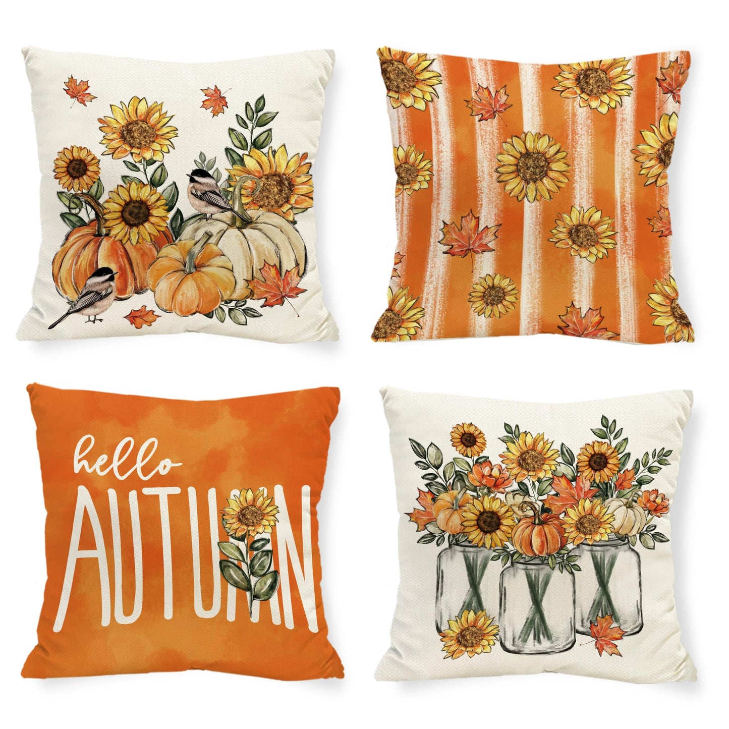 Tikeciti Fall Sunflower Pillow Covers Orange Pumpkin 18 x 18 Inch Throw Pillows, Thanksgiving Hello Autumn Floral Seasonal Decorative Farmhouse Cushion Case for Sofa Couch Set of 4