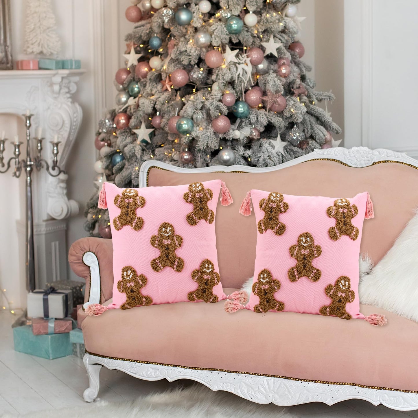 JarThenaAMCS 2Pcs 3D Pink Christmas Pillow Covers Gingerbread Man Throw Pillow Case 18 x 18 Inch Plush Faux Fur Soft Holiday Cushion Cover for Home Office Couch Sofa