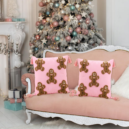 JarThenaAMCS 2Pcs 3D Pink Christmas Pillow Covers Gingerbread Man Throw Pillow Case 18 x 18 Inch Plush Faux Fur Soft Holiday Cushion Cover for Home Office Couch Sofa