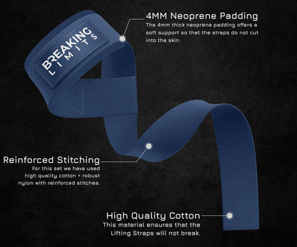 Breaking Limits Gym Straps Weight Lifting Wrist Wraps Bundle – Workout Lifting Straps for Deadlift – Wrist Straps for Weightlifting Men & Women - Muñequeras Para Gym (Navy Blue)