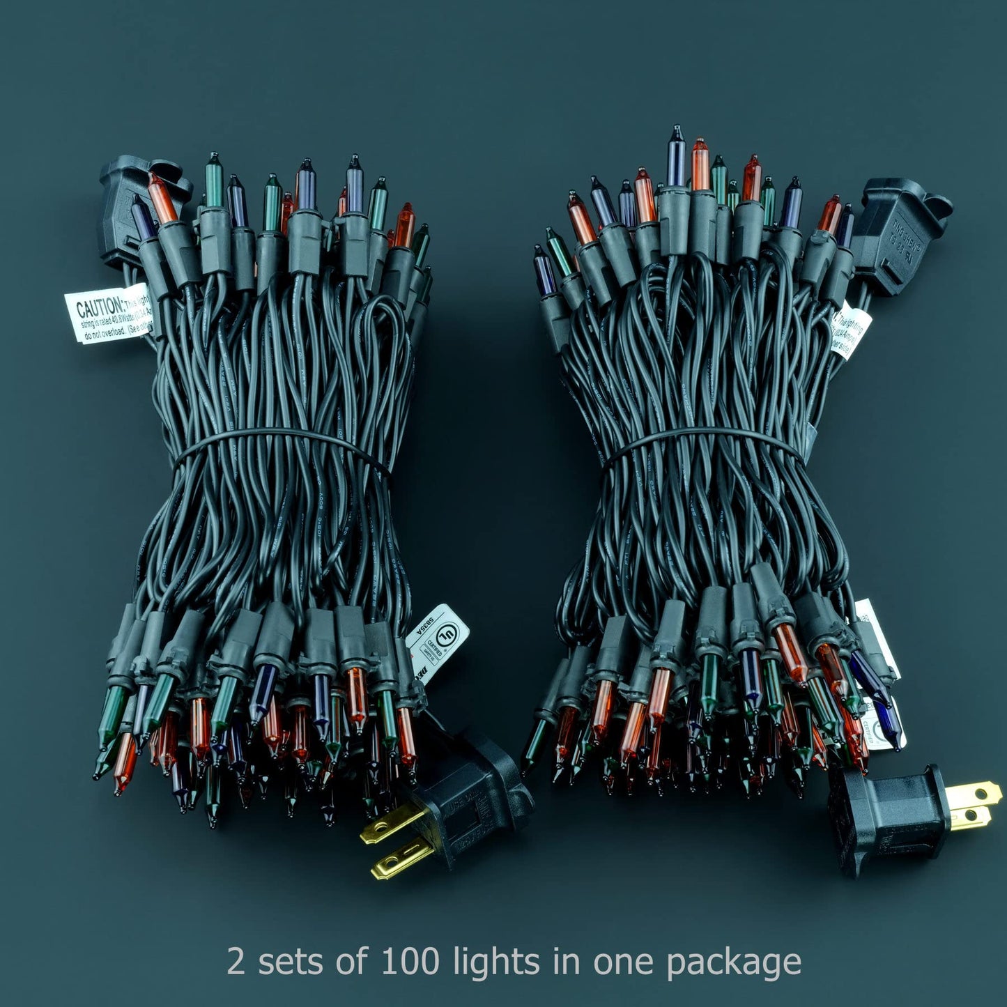 YULETIME 200 Orange Green Purple String Lights, 2-Set 33' 100 ct Black Wire