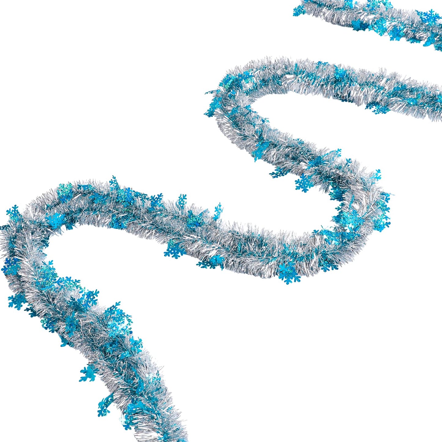 AnyDesign 32.8 Ft Christmas Tinsel Garland Blue Silver Metallic Twist with Snowflakes for Xmas Tree Classroom Office Party Decor DIY Craft