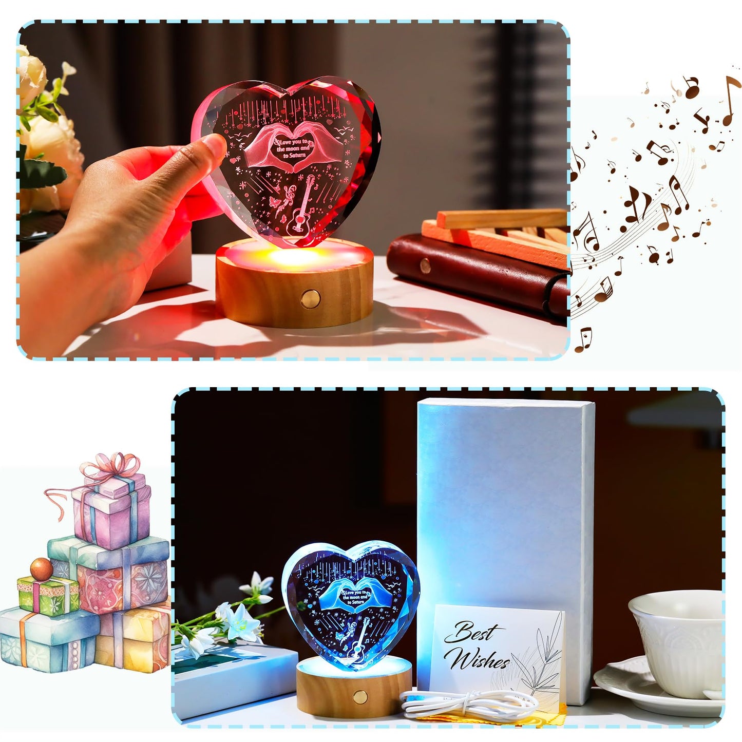 Arikyrist 3D Crystal Heart Engraved Love Finger Night Light Gifts for Music Lover Special Merch Concert Stuff Keepsakes for Women Fans Collectible Home Decor