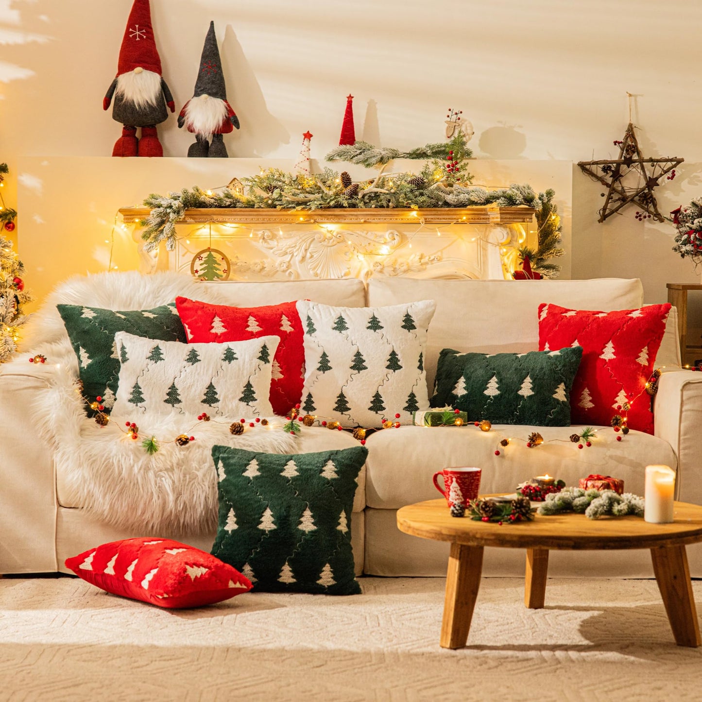 AQOTHES Christmas Tree Embroidered Green Throw Pillows Cover 18x18 Inch, Set of 2 Packs Winter Soft Fluffy Decorative Throw Pillows Covers Decor for Home Sofa Couch Bed Room