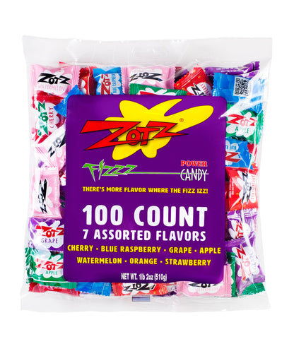 Zotz Fizzy Bulk Candy (Assorted, 100 Units)- Hard Candy Individually Wrapped- Assorted 7 Fruit Flavors, Cherry, Watermelon, Strawberry, Blue Raspberry, Apple, Orange & Grape- From Italy Since 1970