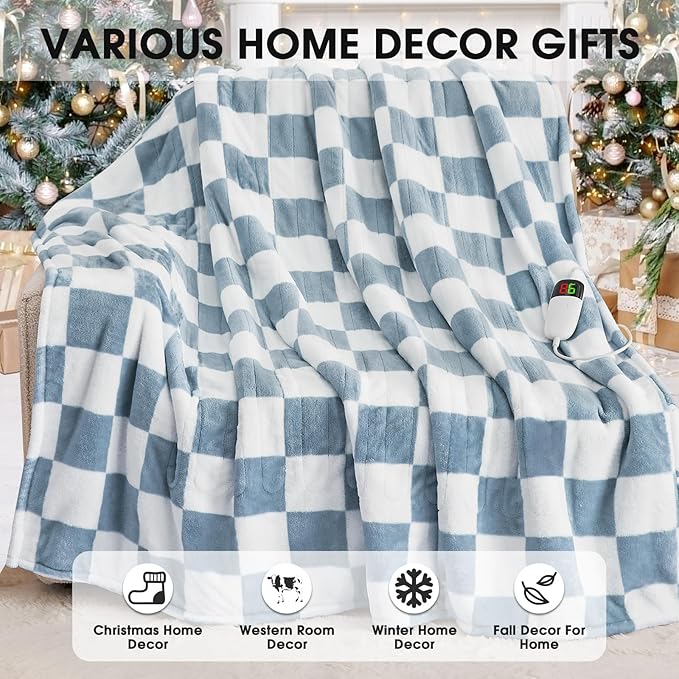 Heated Electric Blanketc Throw, 50X60 Heating Blanket with 10 Heat Levels & 8 Hours Auto Off for Lap, Misty Blue Checkered Plaid Soft Sherpa Blankets Warmer Gifts for Couch Grandma Women Adults