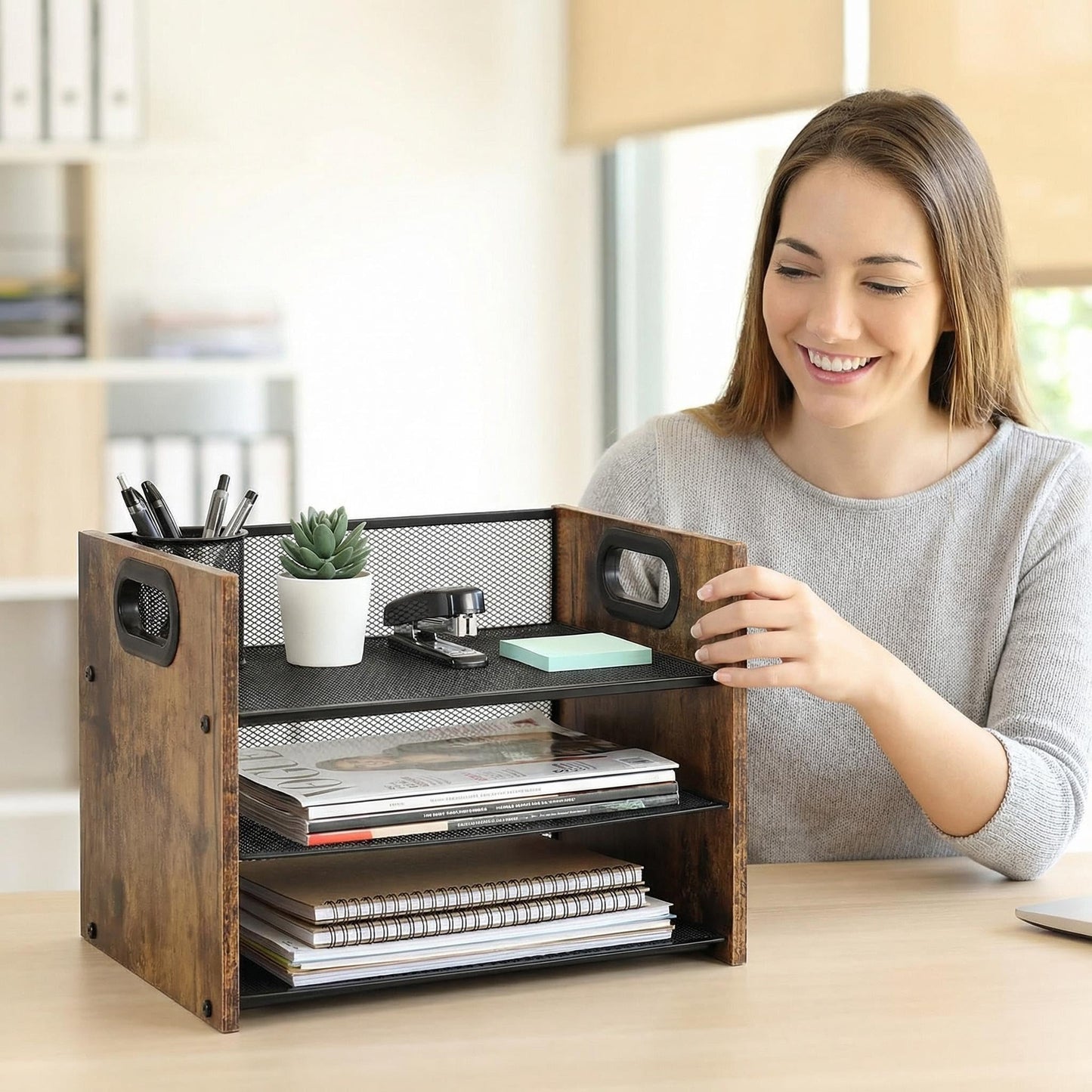 Boershun Desk Organizer - 3 Tier Wood & Metal Mesh Desktop Organizer for Office, Home, School, Workspace, Office Desk Organzier for Papers, Mail, Notebooks, Stationery