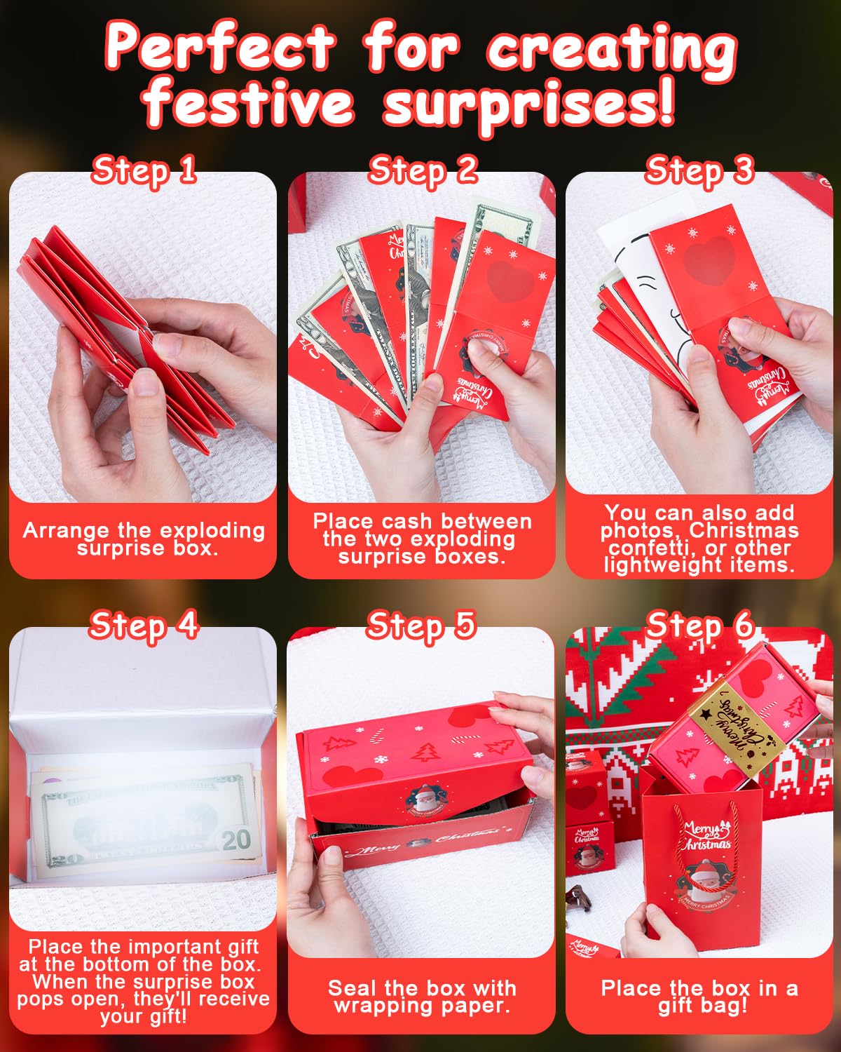 ASSRECT Exploding Gift Box - Christmas Surprise Box Pop Up with 12 Money Holders, Reusable Party Gift Box for Cash, Gifts, Xmas, Birthday, Party Supplies (Red)