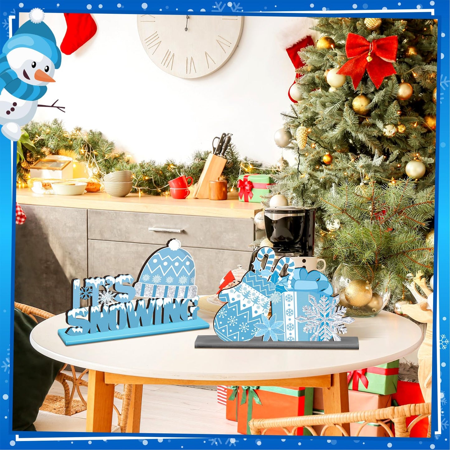 Wonderjune 6 Pcs Winter Wooden Table Decor Snowflake Snowman Wooden Centerpieces Wonderland Decor for Winter It's Snow Theme Xmas Birthday Baby is Cold Outside Party Supplies(Blue)