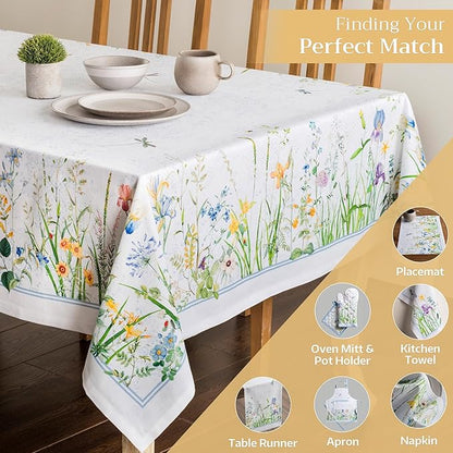 Maison d' Hermine Table Cloth Rectangle Table 100% Cotton 70 x 108 Inches Tablecloth Reusable Decorative for Dining Room, Farmhouse, Home, Party, Festive & Wedding Spring Summer - Fleurs De Mai