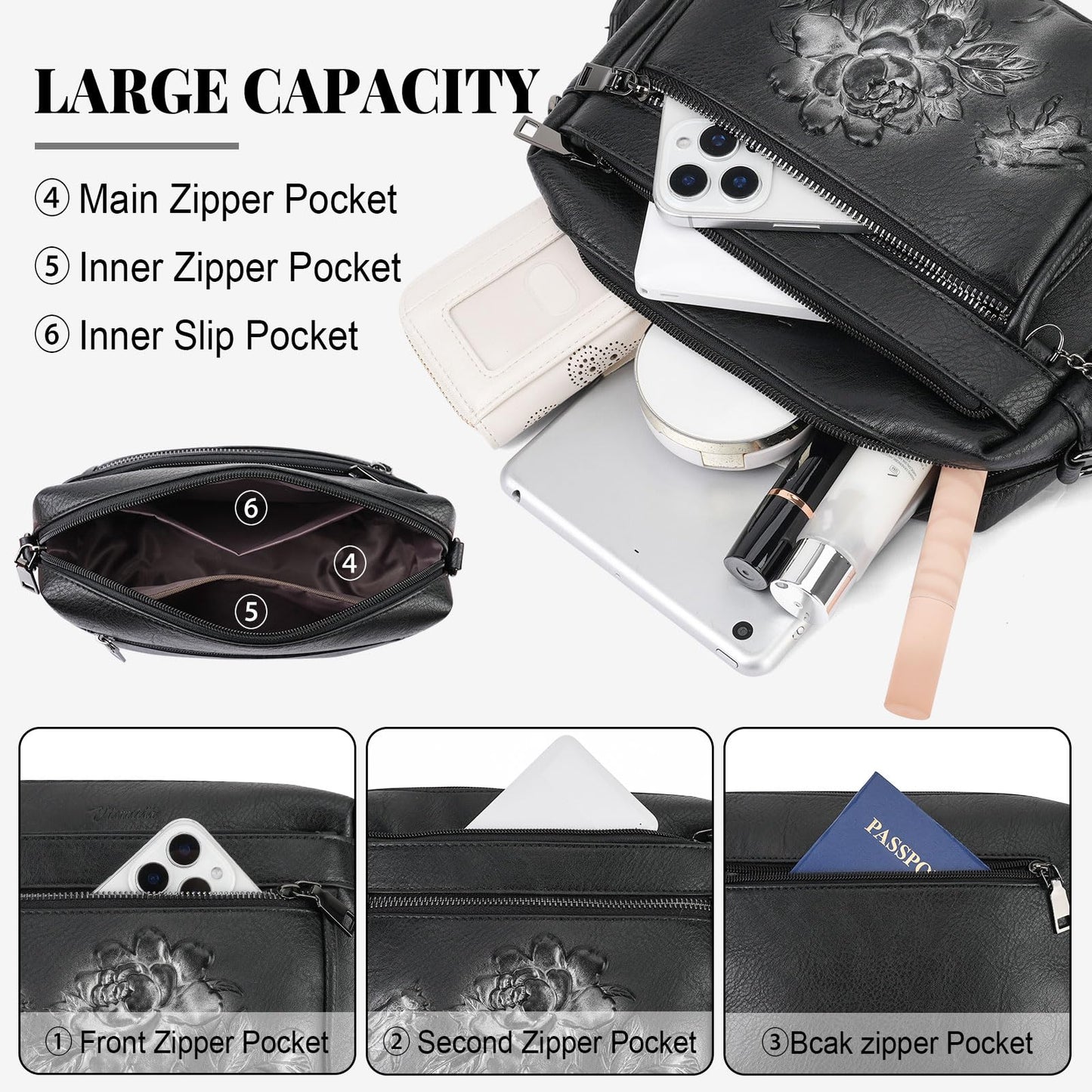 VIMUTI Crossbody Bags for Women Trendy, Vegan Leather Crossbody Purses Travel Shoulder Handbags Embossed Design (Black)