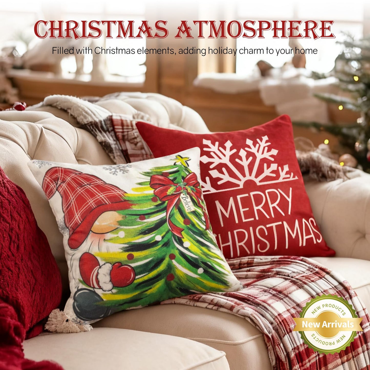 Aursaos Merry Christmas Hello Winter Holiday Pillow Covers 18x18 Set of 4, Red Gnome Green Tree Snowflake Decorative Throw Pillow Case for Couch Sofa Living Room
