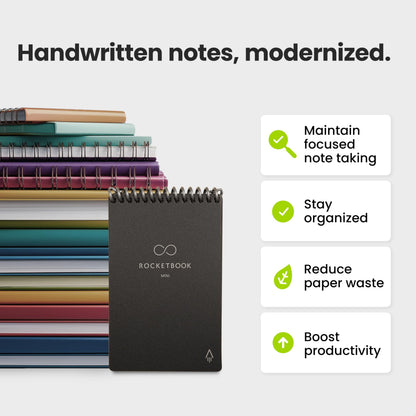 Rocketbook New Mini Reusable Smart Notepad, Pocket Size Notebook 3.5x5.5, Black - Dotted Pages, App-Connected, Erasable, Ideal for On-The-Go List Taking & Quick Notes Anywhere