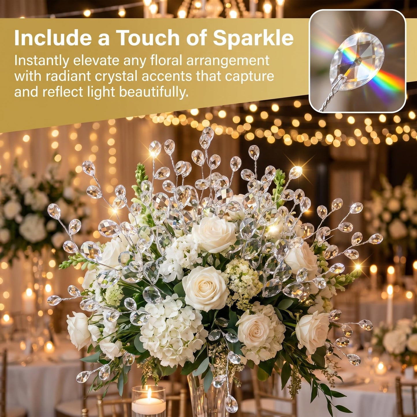 VOSAREA 50pcs Crystal Floral Picks: Flexible 3-Strand Artificial Bouquet Stems with Acrylic Bead Drops for Wedding Decor and DIY Crafts - White 6.69 Inch