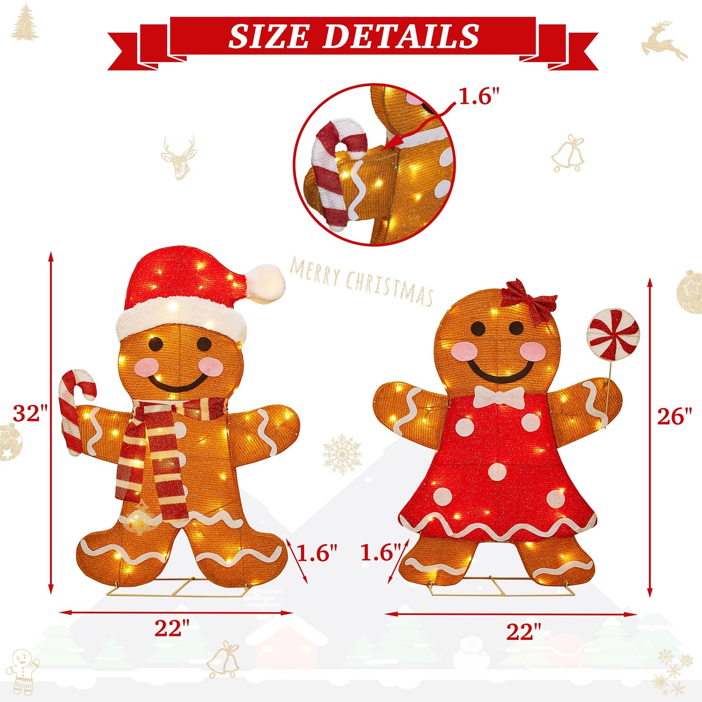 32 Inch 3D Lighted Gingerbread Man Decorations - 2-Piece Outdoor Christmas Decorations with 80 Warm White LEDs, Christmas Yard Decorations Display for Garden, Storefront, Patio