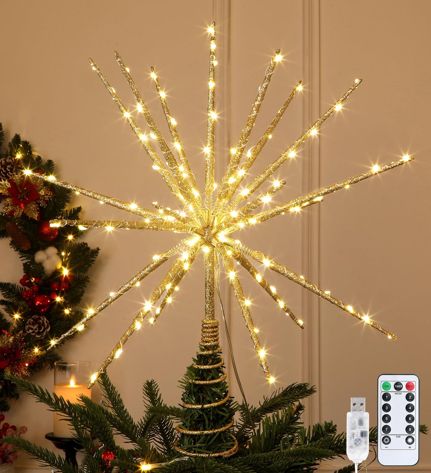 Obralitic 15 Inch Christmas Tree Star Topper with 150 LED Timer Lights & Remote, 19-Point USB Powered Lighted Gold Starburst Star Tree Topper for Indoor Holiday Party Xmas Tree Decor