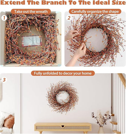 24 Inch Fall Wreath for Front Door with Large Grapevine, Orange Pip Berry Wreath for Fall Door Decor, Autumn Wreaths for Farmhouse Wall Window Home and Halloween Christmas Thanksgiving Decoration