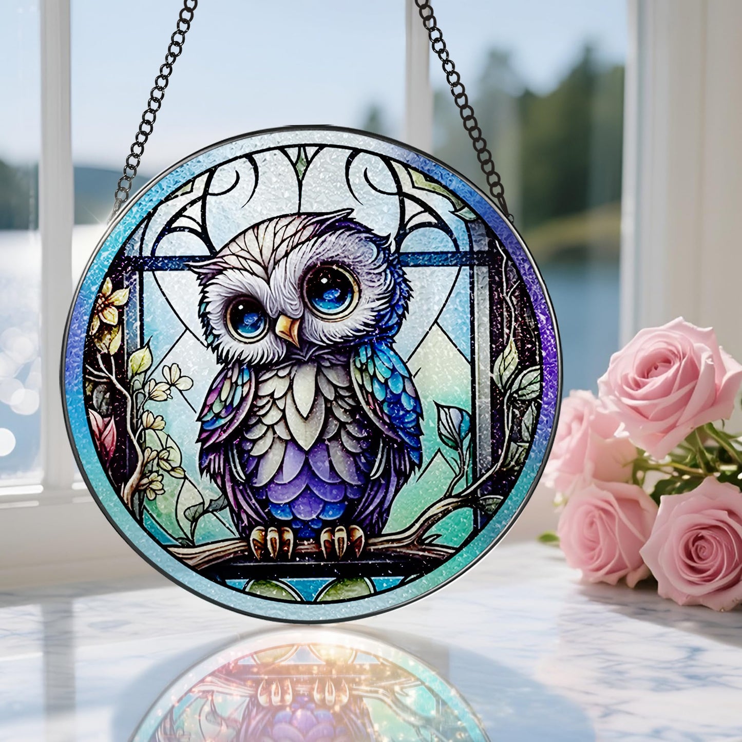 8 Inch Stained Glass Suncatcher Ornament, DOUHASU Owl Sun Catchers Indoor Window, Stained Glass Window Hanging, Home Decor, Owl Lovers Gifts for Women, Men, Friend, Relative