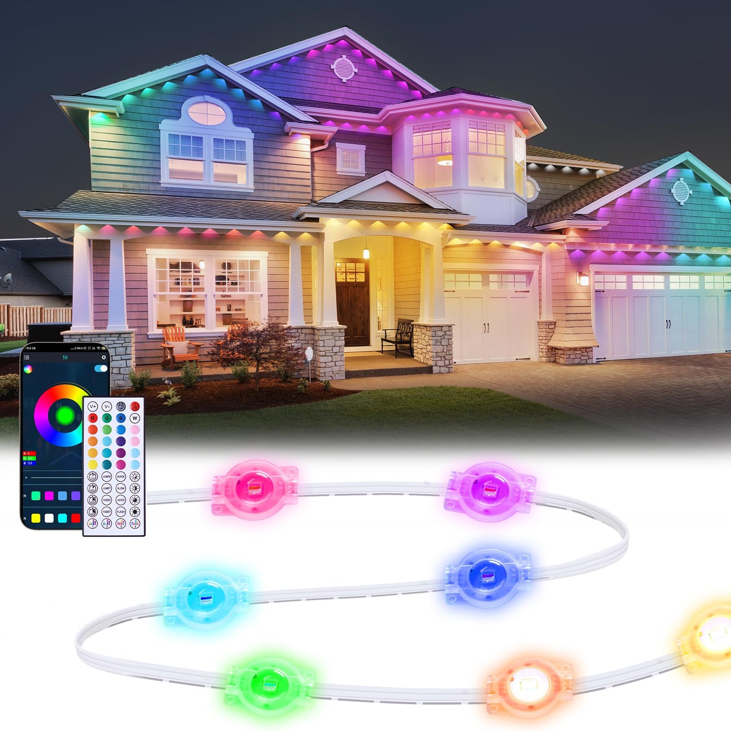 MaweMe 150FT Permanent Outdoor Lights for House,RGB LED Eaves Lights with IP67 Waterprooff, Smart App Remote Control, Music Sync, for Christmas,Daily & Holiday Party Decor