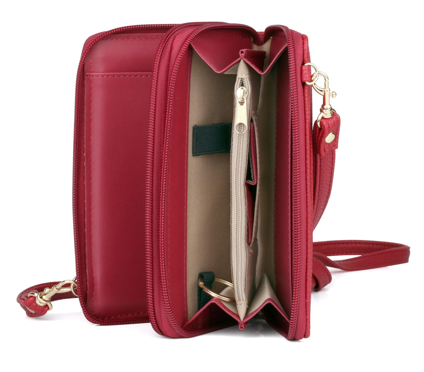 Julia Buxton RFID Blocking Wallet on a String for Women - Compact Crossbody Bag with Removable Wristlet Strap, 15 Card Slots & Multiple Zip Pockets, Red