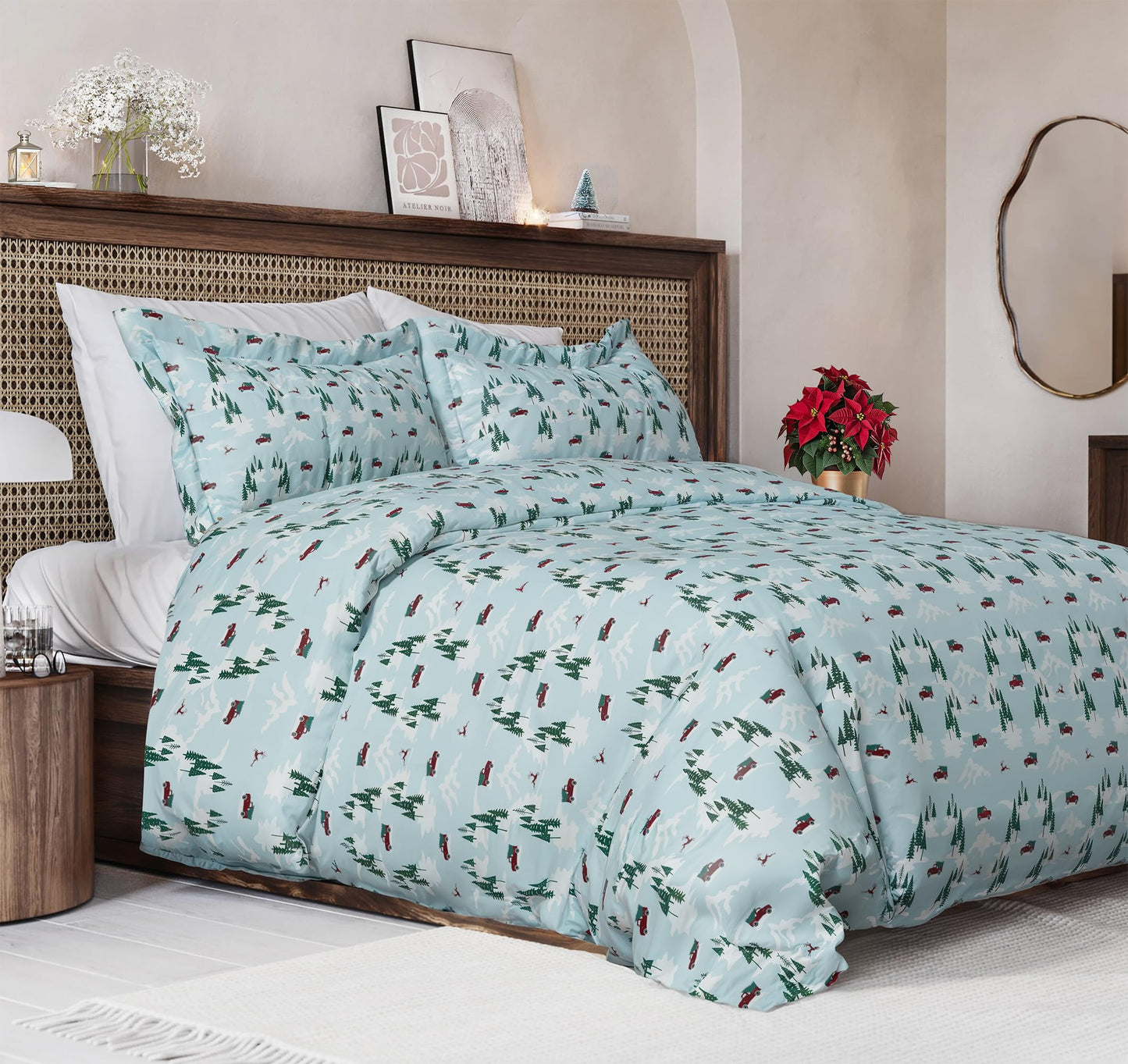 Christmas Duvet Cover Queen Size Set - Extra Soft Queen Duvet Cover with 2 Pillow Shams - Holiday Xmas Bedding w/ Zipper Closures & Ties - Comfy, Cozy Breathable Bed Set - 90 x 90, Christmas Tree Cars